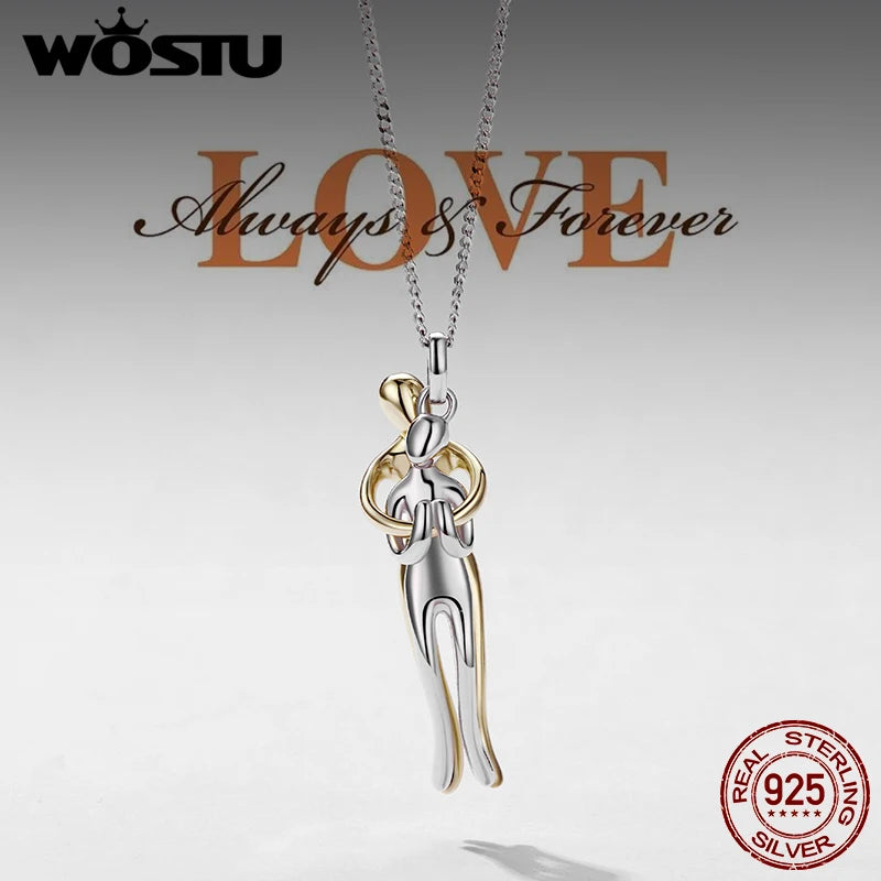 Real 925 Silver Hug Couple Pendant Necklace for Love, Silver Gold Two-Tone His and Hers Necklaces Pendant Valentine'S Gift