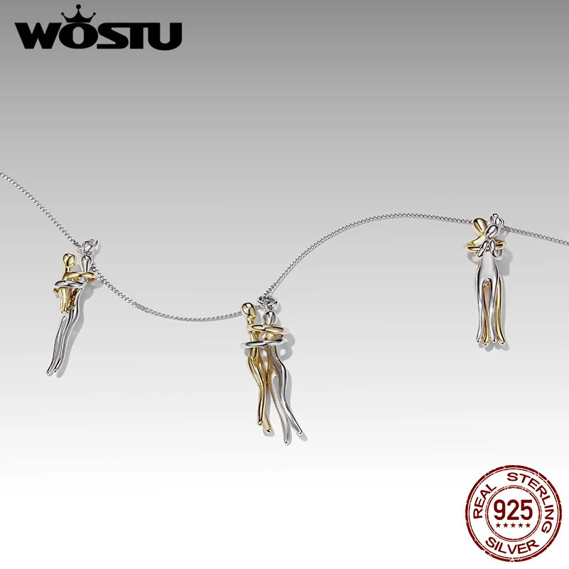 Real 925 Silver Hug Couple Pendant Necklace for Love, Silver Gold Two-Tone His and Hers Necklaces Pendant Valentine'S Gift