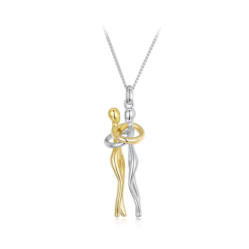 Real 925 Silver Hug Couple Pendant Necklace for Love, Silver Gold Two-Tone His and Hers Necklaces Pendant Valentine'S Gift